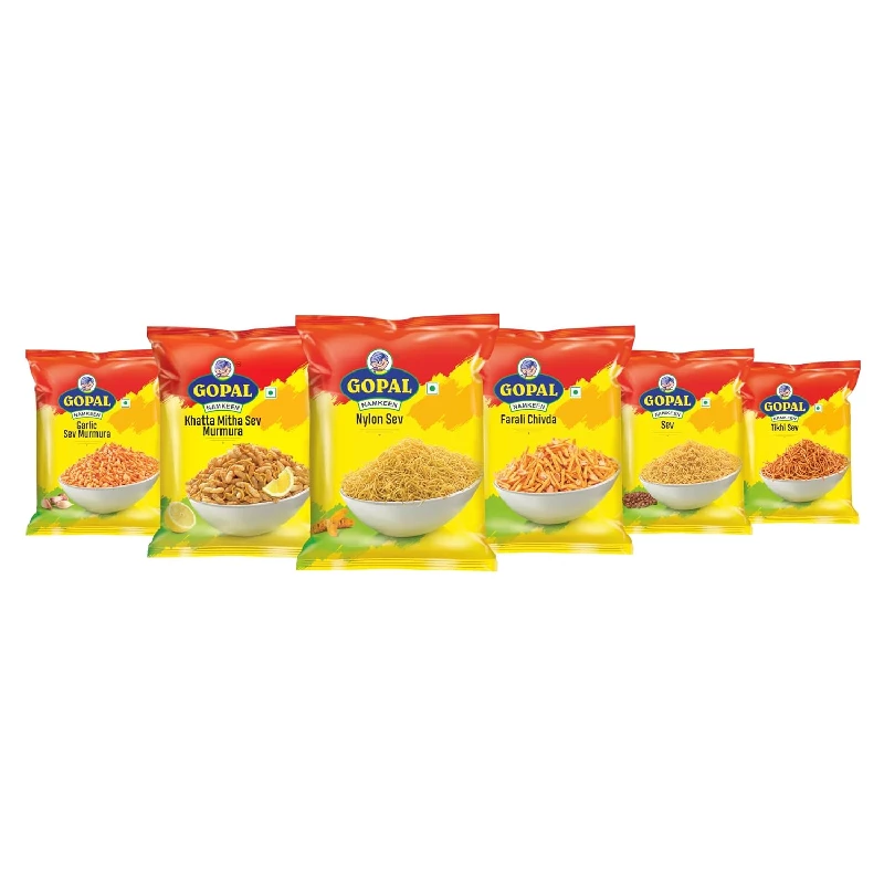 Gopal Namkeen Sev Combo of Tikhi Sev, Sev, Farali Chivda, Nylon Sev, Garlic Sev Murmura and Khatta Meetha Sev Murmura, 2750 g-1.webp